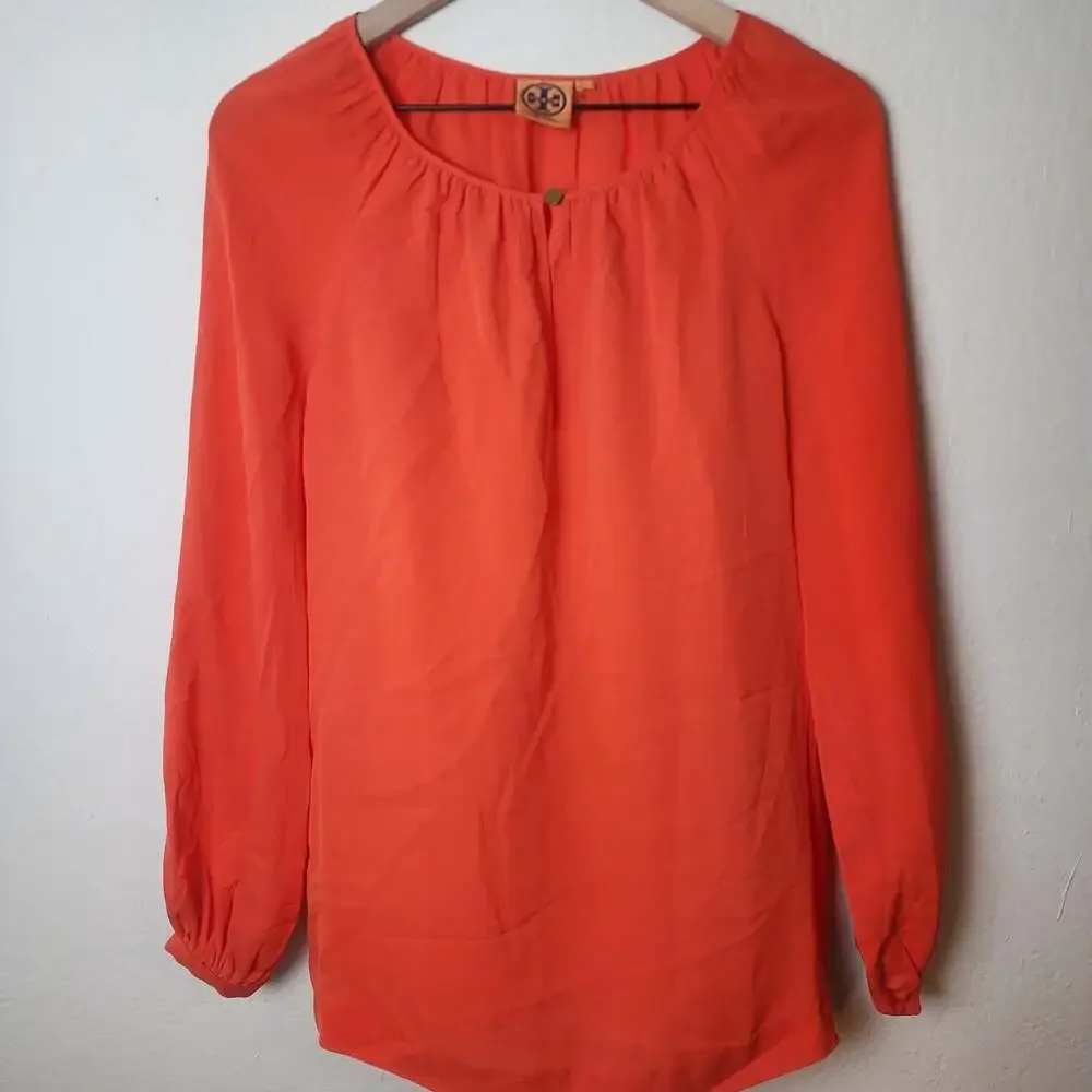 Tory Burch Blouse Womens 6 Orange Silk Long Sleeve Scoop Neck Top Pullover